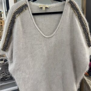Vince Gray V-Neck Sweater with Embellished Shoulders